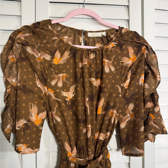 Happy Nature by Kate Hudson Brown Floral & Crane Women's Midi Dress Size Small - Picture 2 of 7